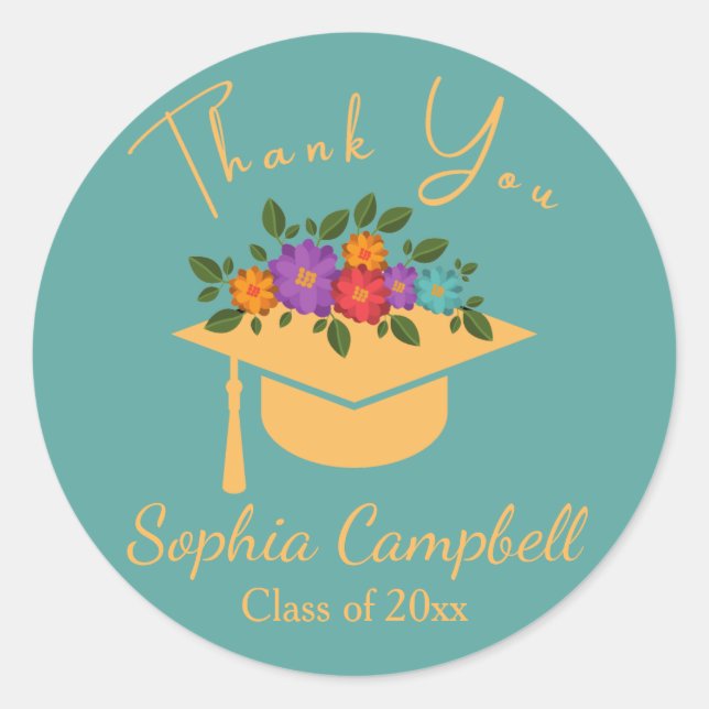 Sticker rond Turquoise Floral Graduation Classic (Devant)