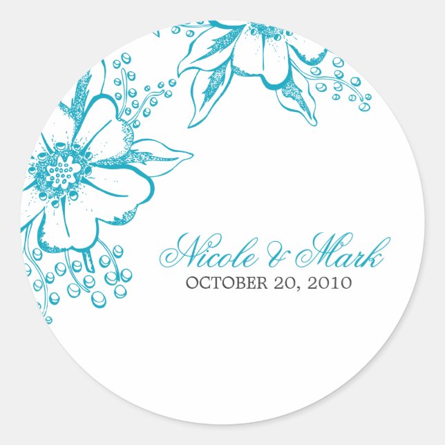 Sticker Rond Turquoise Floral Letterpress Style Mariage (Devant)