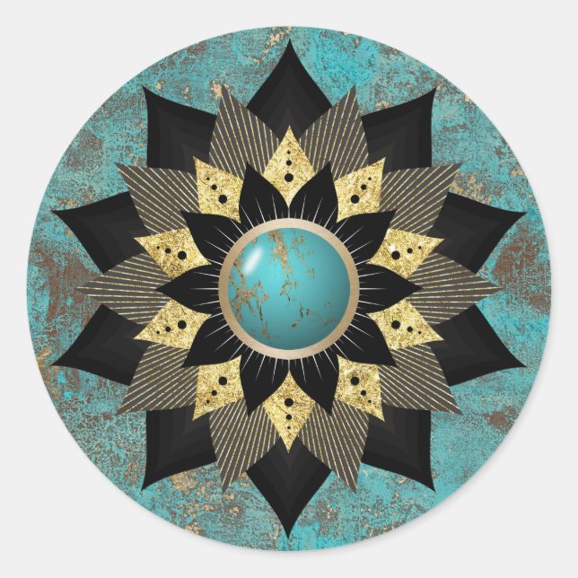 Sticker Rond Turquoise & Gold Lotus Flower Mandala Elegant (Devant)