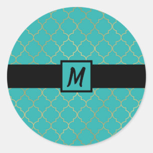 Sticker Rond Turquoise & Gold Quatrefoil Partie monogramme