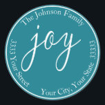 Sticker Rond Turquoise Joy Christmas Round Return Adresse Label<br><div class="desc">Turquoise Joy Holiday Round Return Adresse Label Ajoutez une touche festive à votre correspondance de vacances avec ces étiquettes d'adresse de retour de joie.</div>
