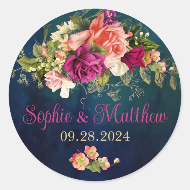 Sticker Rond Turquoise, Marine, Vert, Gold Bold Florals Mariage (Devant)
