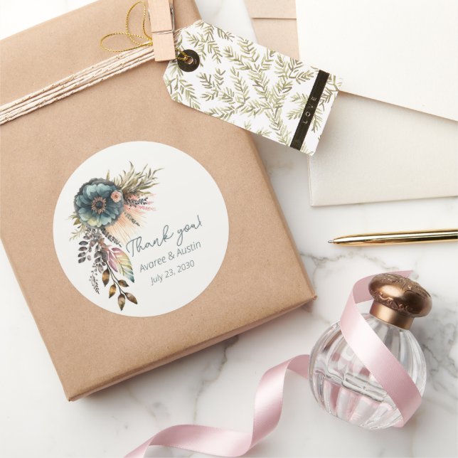 Sticker Rond Turquoise Merci Mariage Floral (Cadeaux)