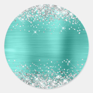 Sticker Rond Turquoise Métallic Pailleté Argent Vierge