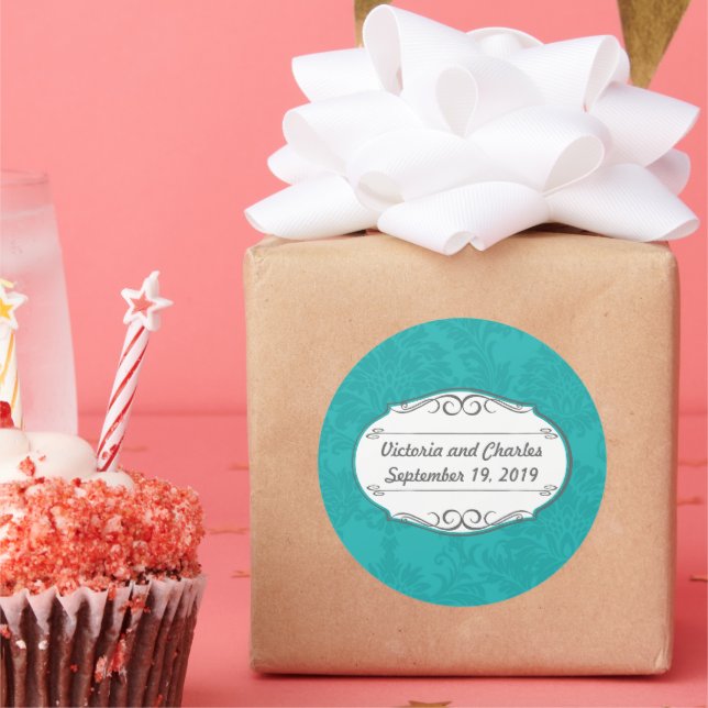 Sticker Rond Turquoise moderne Turquoise Blue Mariage damassé (Fête)