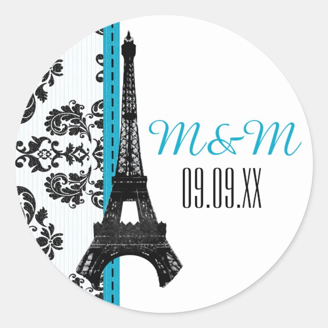 Sticker Rond Turquoise Monogramme Damask Tour Eiffel Mariage (Devant)