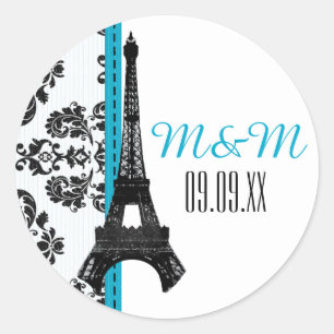 Sticker Rond Turquoise Monogramme Damask Tour Eiffel Mariage