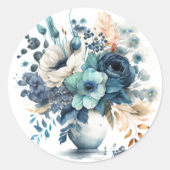 Sticker Rond Turquoise Navy Blue Floral Mariage (Devant)