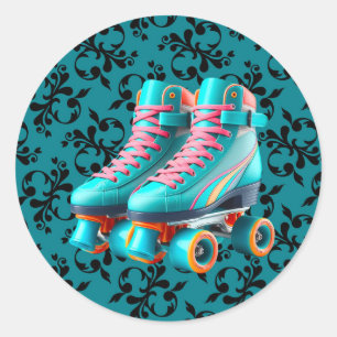 Sticker Rond Turquoise Neon Rollerskate fête d'anniversaire