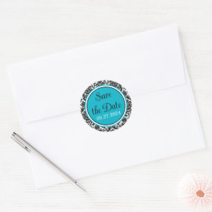 Sticker Rond Turquoise, Noir, Mariage damassé blanche