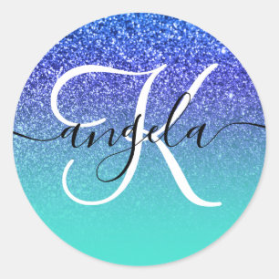 Sticker Rond Turquoise Pailleté Bleu Glitter Ombré Monogrammé