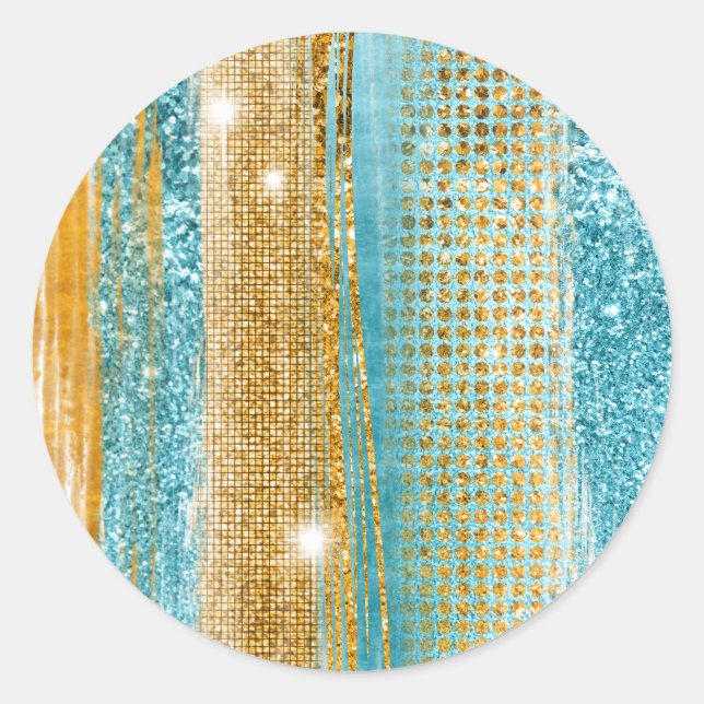Sticker Rond Turquoise Paillettes Or Élégant Chic (Devant)