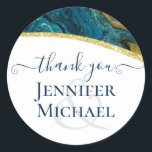 Sticker Rond Turquoise Peacock Blue Gold Agate Mariage<br><div class="desc">Beau paon bleu or agate article mariage.</div>