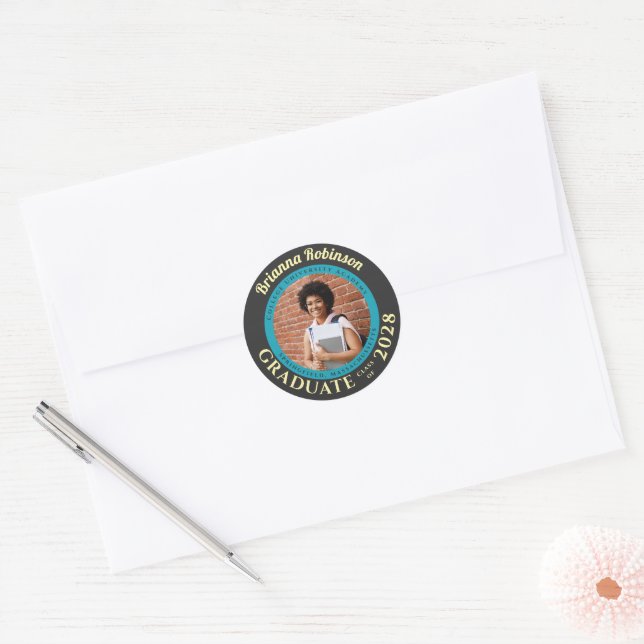 Sticker Rond Turquoise Photo Diplôme Moderne  (Enveloppe)