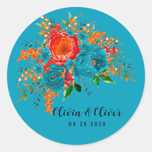 Sticker Rond Turquoise rouge orange Mariage botanique