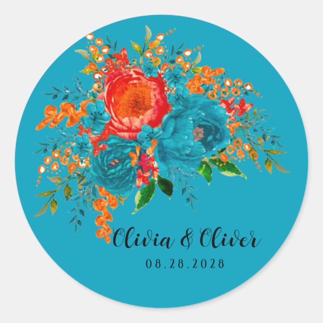 Sticker Rond Turquoise rouge orange Mariage botanique (Devant)