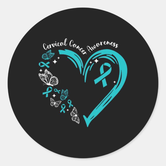 Sticker Rond Turquoise Ruban Papillon Coeur Cervical Cancer Awa (Devant)