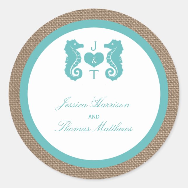 Sticker Rond Turquoise Seahorse Burlap Beach Wedding Collection (Devant)