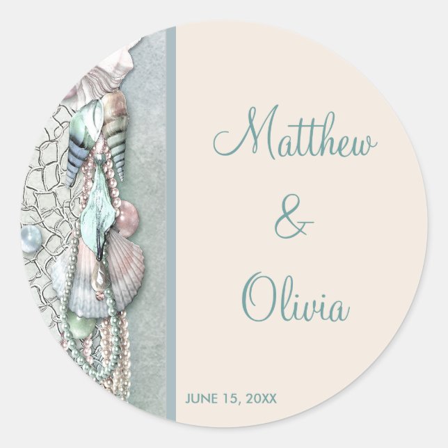 Sticker Rond Turquoise Seashells Pearls Beach Mariage Favoriser (Devant)