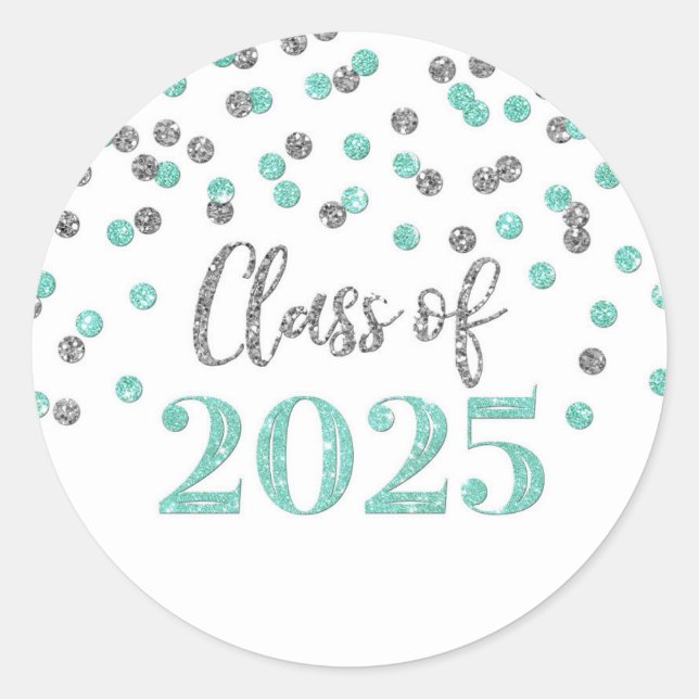 Sticker Rond Turquoise Silver Confetti Graduation 2025 (Devant)