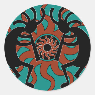 Sticker Rond Turquoise Tribal Sun Sud-Ouest Kokopelli