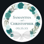 Sticker Rond Turquoise Turquoise & Aqua Roses Floral Wreath Mar<br><div class="desc">Ces élégants autocollants sont parfaits comme enveloppes ou étiquettes cadeaux. ils présentent un design boho chic rustique avec une couronne de plantes botaniques peintes à la main dans le jardin d'aquarelle, y compris les feuilles eucalyptus et la verdure ainsi que les roses dans les tons turquoises, turquoise, aqua et cyan....</div>