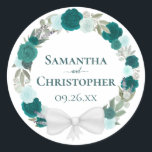 Sticker Rond Turquoise Turquoise & Aqua Roses Floral Wreath Mar<br><div class="desc">Ces élégants autocollants sont parfaits comme enveloppes ou étiquettes cadeaux. ils présentent un design boho chic rustique avec une couronne de plantes botaniques peintes à la main dans le jardin d'aquarelle, y compris les feuilles eucalyptus et la verdure ainsi que les roses dans les tons turquoises, turquoise, aqua et cyan....</div>
