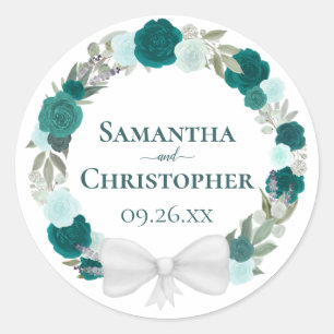 Sticker Rond Turquoise Turquoise & Aqua Roses Floral Wreath Mar