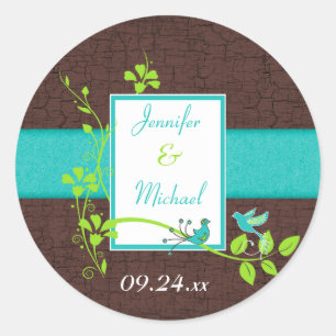 Sticker Rond Turquoise Vert Brown Floral Oiseaux Mariage Faveur
