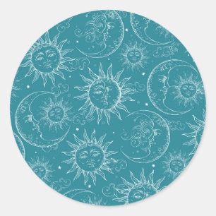 Sticker Rond Turquoise Vintage Céleste Sun Moon Stars Party