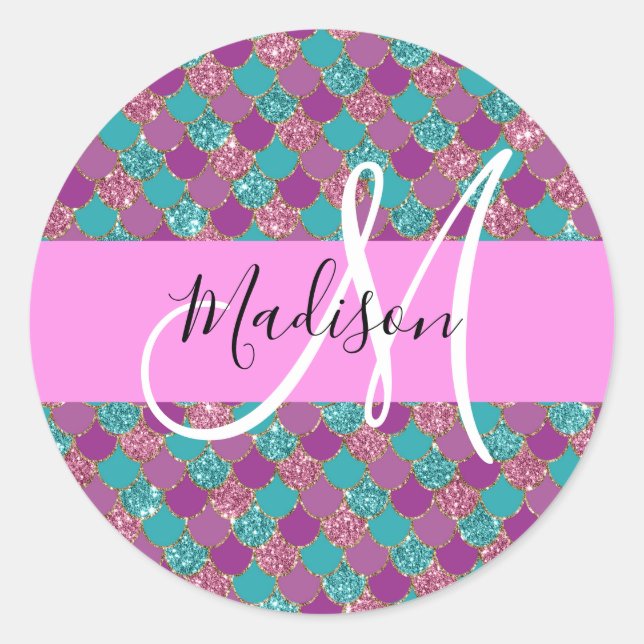 Sticker Rond Turquoise Violet Sirène Paillettes Monogramme (Devant)