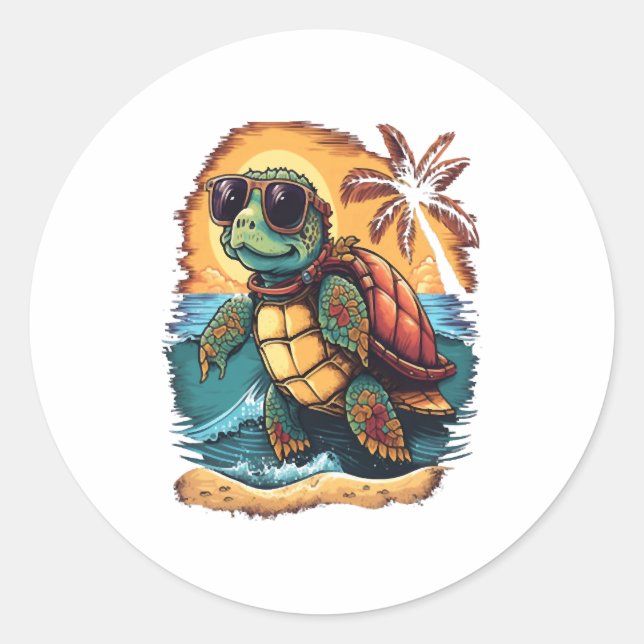 Sticker Rond Turtle Hawaiian Sea Turtles Hawaii Tropical Beach (Devant)