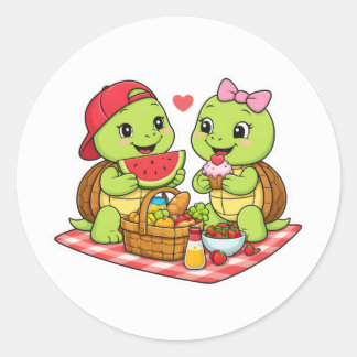 Sticker Rond Turtle picnic with treats and smiles