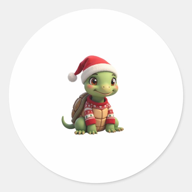 Sticker Rond Turtle Ugly Sweater Santa Hat Christmas T-Shirt (2 (Devant)