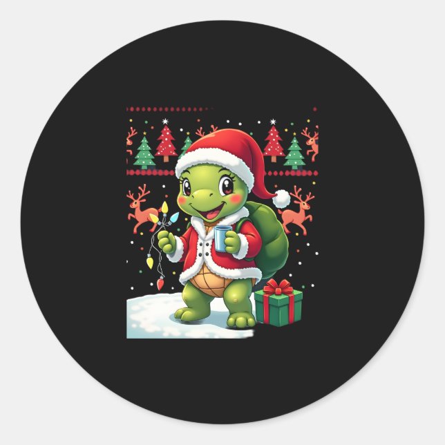 Sticker Rond Turtle Xmas Lights Ugly Santa Turtle Christmas Tan (Devant)