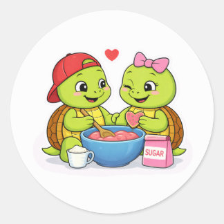 Sticker Rond Turtles making heart-shaped cookies