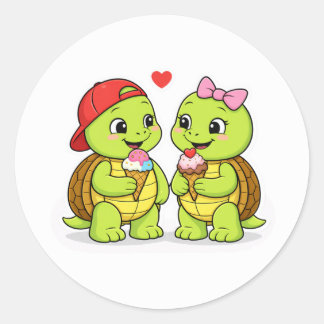 Sticker Rond Turtles sharing ice cream and love