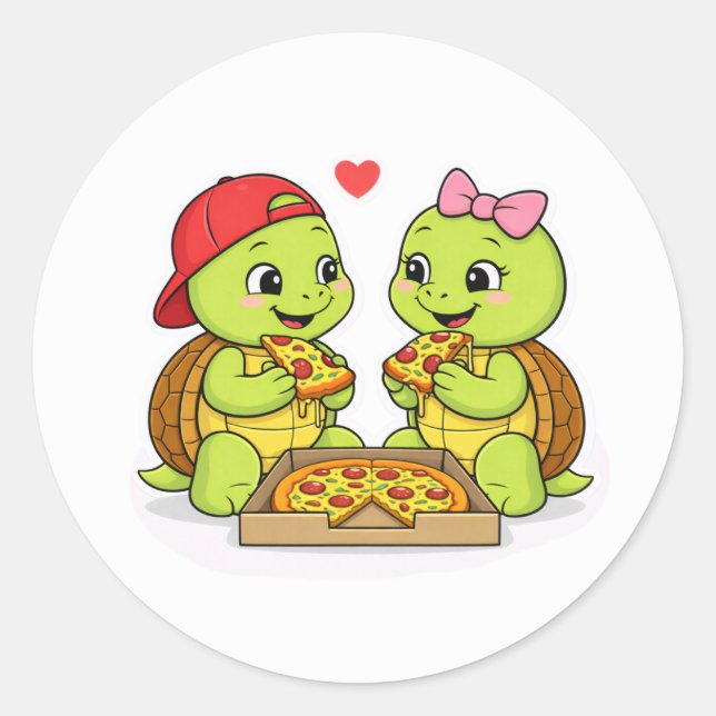 Sticker Rond Turtles sharing pizza and smiles (Devant)