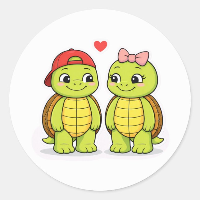 Sticker Rond Turtles with love heart illustration (Devant)