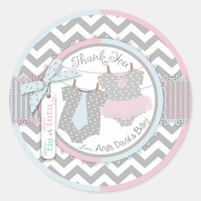Sticker Rond Tutu et Cravate personnalisés Genre Baby shower in (Devant)