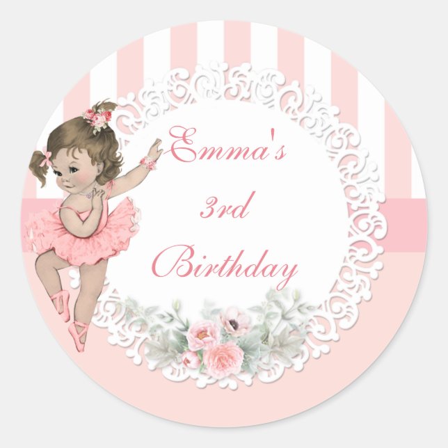 Sticker Rond Tutu rose Ballerine Rayures Fleurs (Devant)