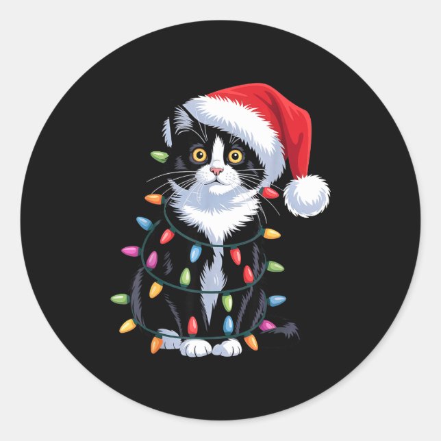 Sticker Rond Tuxedo Cat Meow Santa Tuxie Christmas Tree  (Devant)