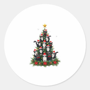 Sticker Rond Tuxedo Chat Arbre de Noël Tuxedo Chat Lights Xmas