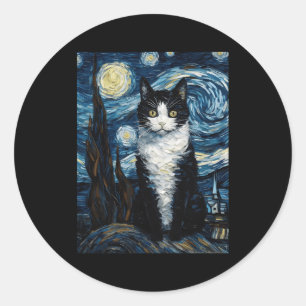 Sticker Rond Tuxedo Chat Starry Lune De Nuit Et Étoiles
