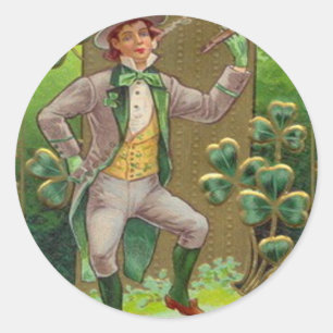 Sticker Rond Tuyau en argile Leprechaun Shamrock Shillelagh