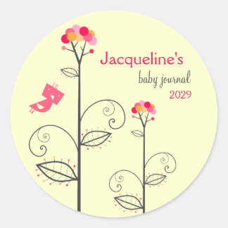 Sticker Rond Tweet Oiseau et points roses Fleur Arbre Baby Plaq