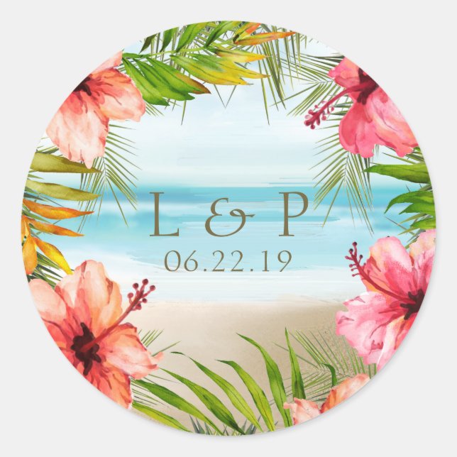 Sticker Rond Twilight de plage tropicale | Hibiscus Floral Mari (Devant)