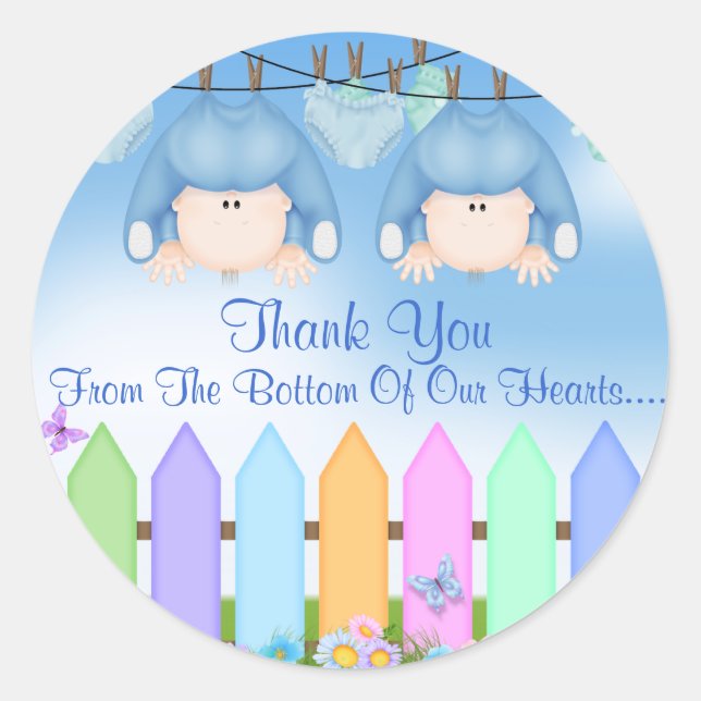 Sticker Rond Twin Boys MERCI FAVORS Baby shower (Devant)