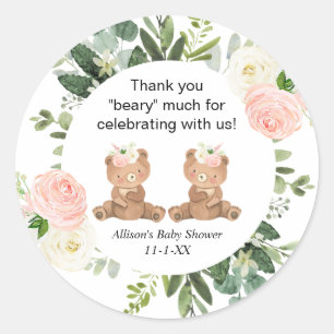 Sticker Rond Twin girls teddy ours baby shower rose merci