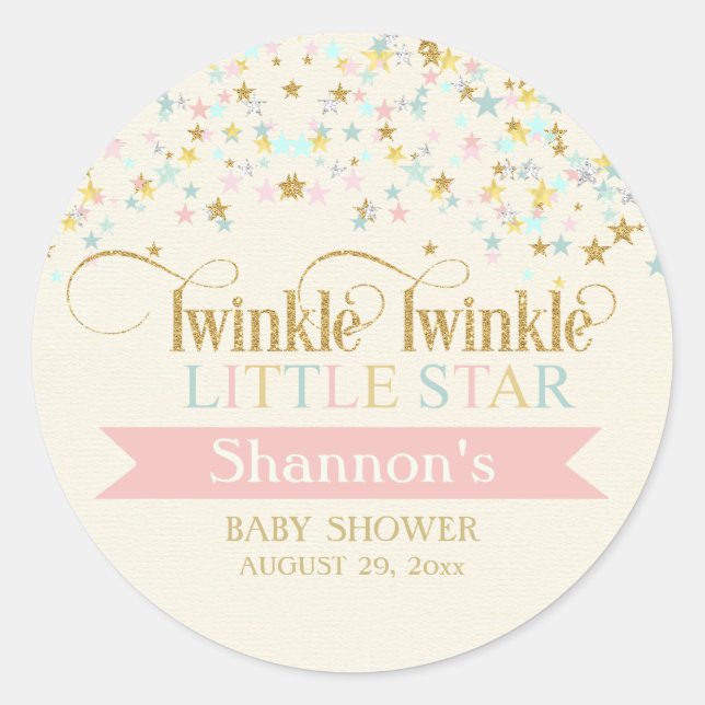 Sticker Rond Twinkle Little Star Baby shower Gold Aqua rose (Devant)